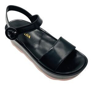 PRADA BLACK / LIGHT PINK SCALLOPED SOLE ANKLE STRAP LEATHER PLATFORM SANDALS